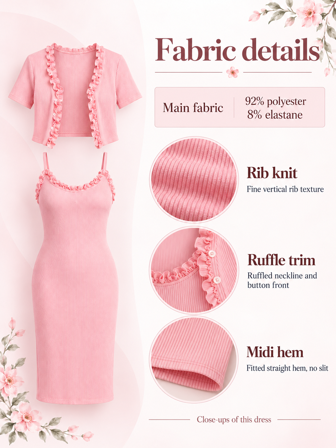Bonnie Soft Pink maternity dress — material guide showing the rib knit, ruffle trim and cardigan buttons