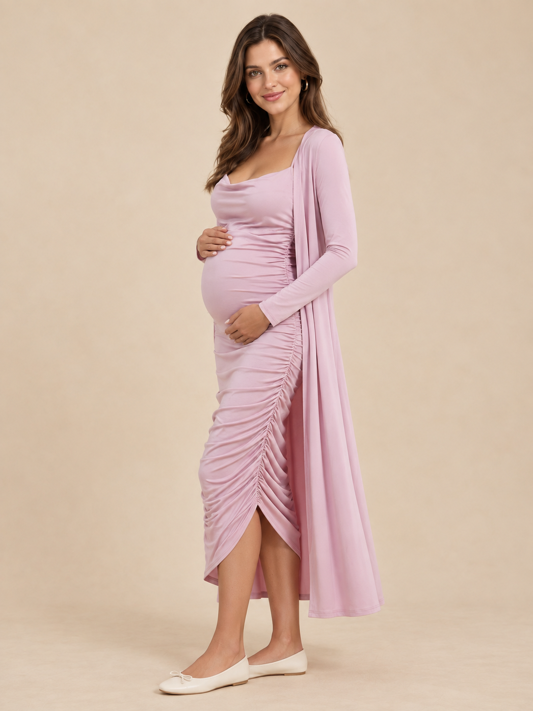 Lavinia Dusty Mauve maternity dress — side view of the ruched dress over the bump with the cardigan