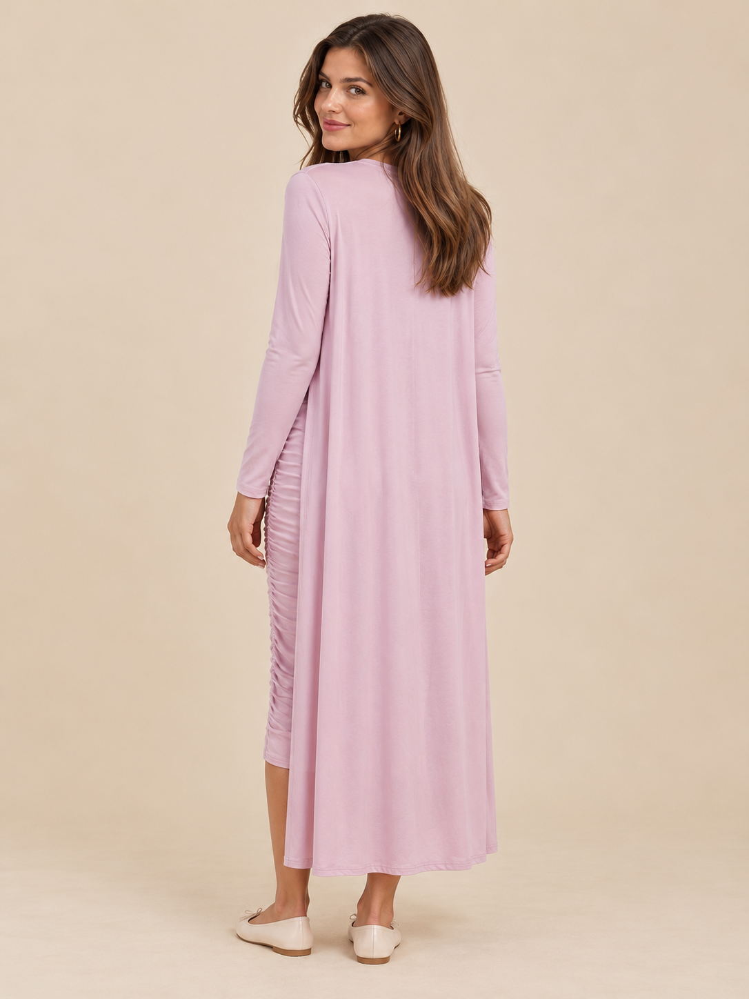 Lavinia Dusty Mauve maternity dress — back view of the long cardigan falling toward the ankle