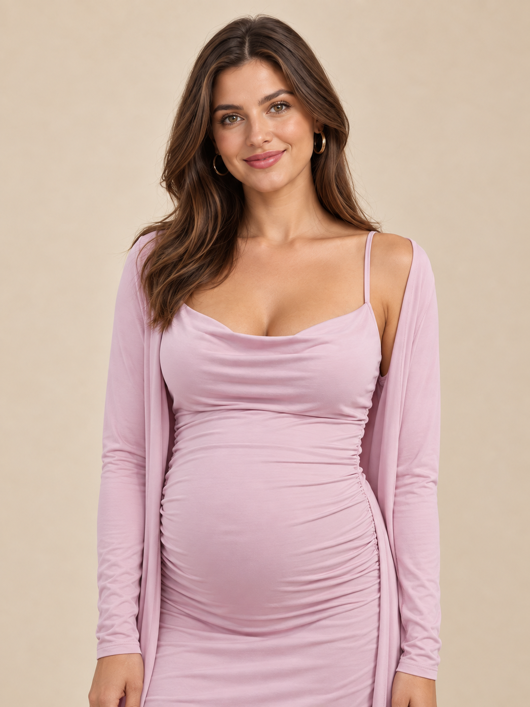 Lavinia Dusty Mauve maternity dress — cowl neckline and thin straps close-up with the cardigan open