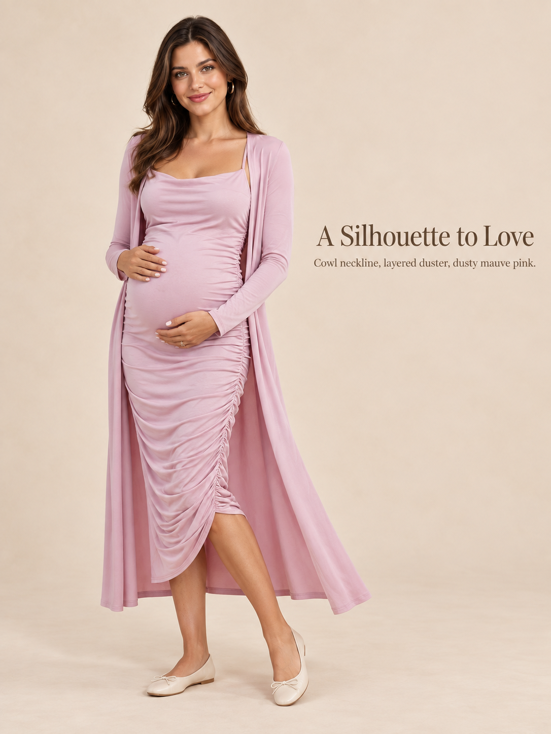 Lavinia Dusty Mauve maternity dress — studio portrait of the cowl neckline, ruching and long cardigan