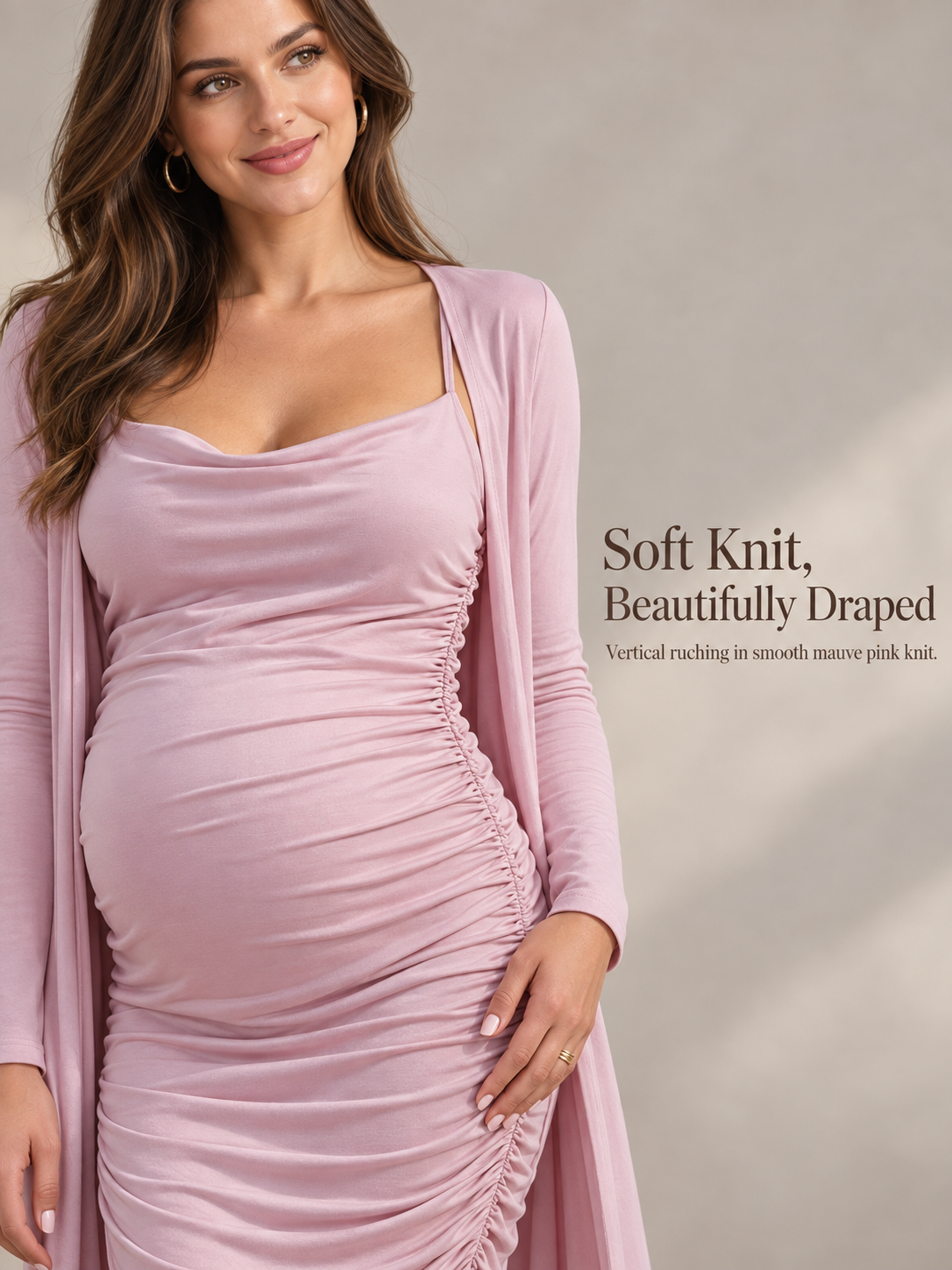 Lavinia Dusty Mauve maternity dress — soft-light close-up of the draped knit and cowl neckline