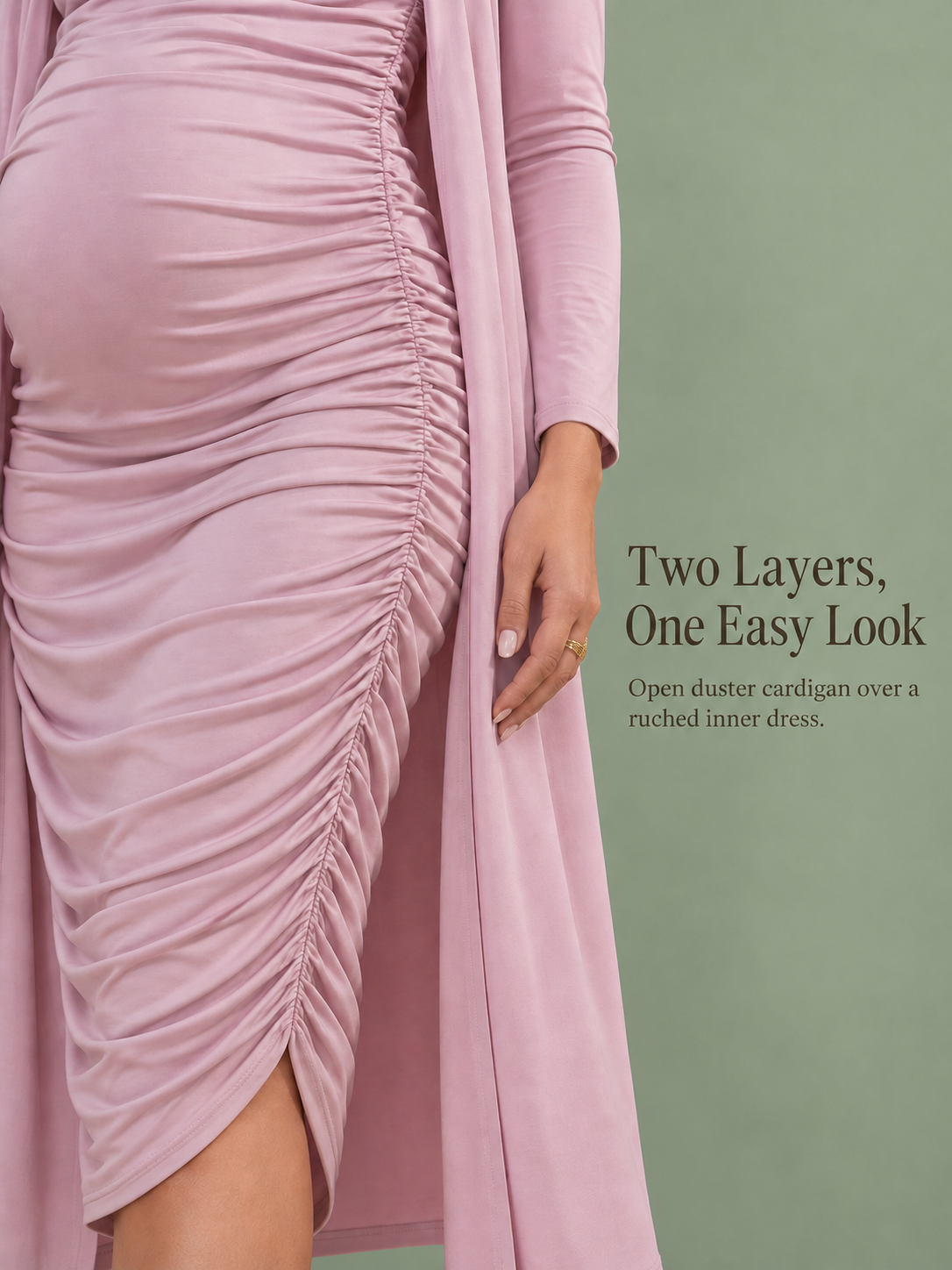 Lavinia Dusty Mauve maternity dress — close-up of the vertical ruching beside the open cardigan