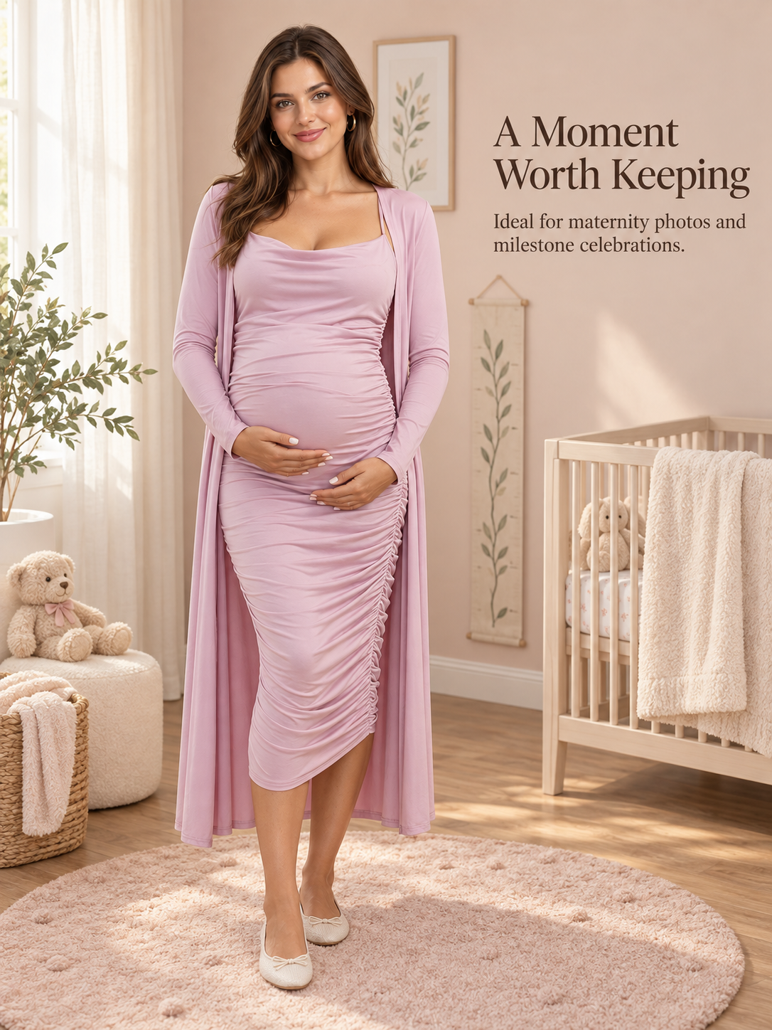 Lavinia Dusty Mauve maternity dress — portrait in a nursery beside a crib