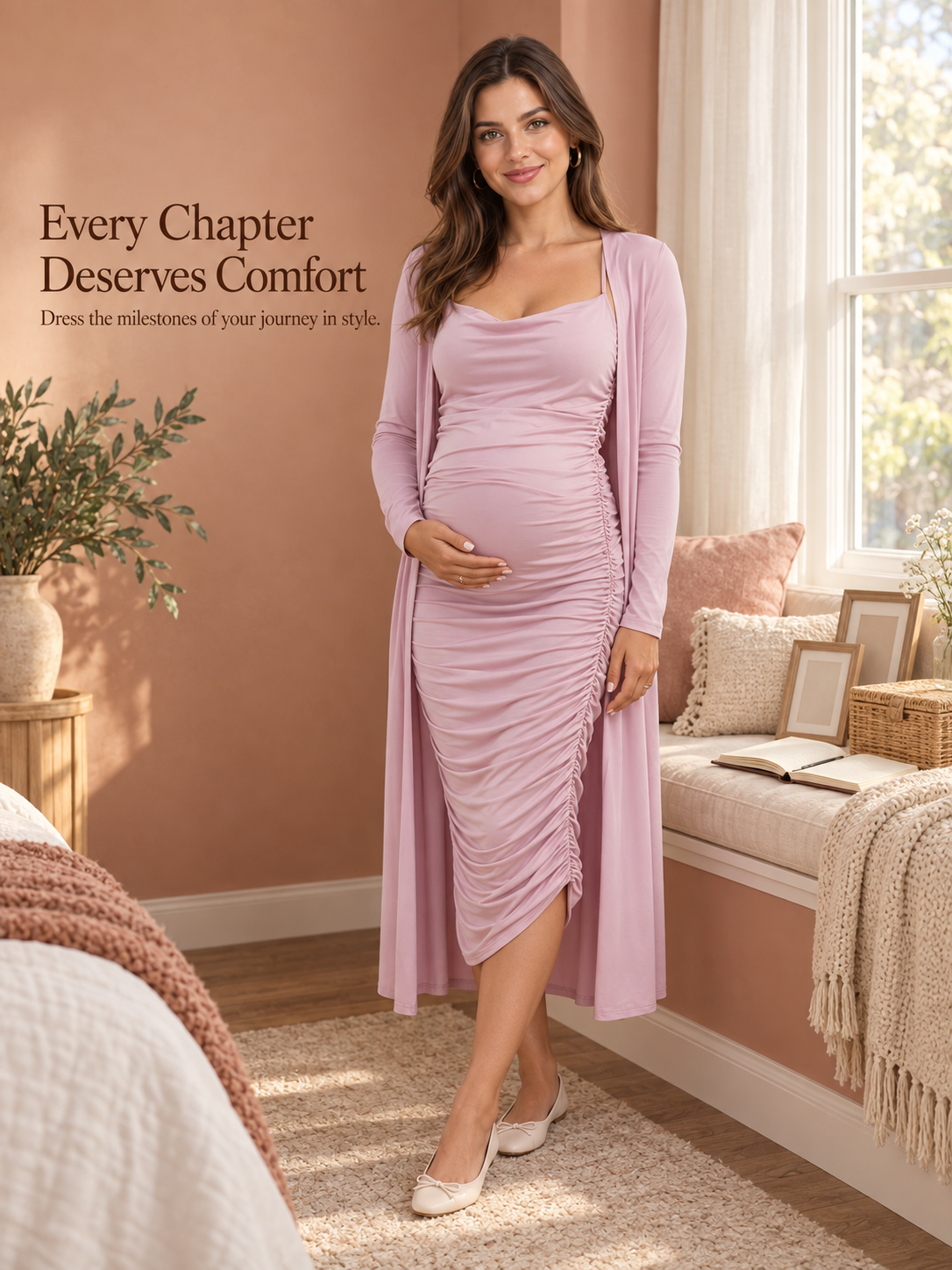 Lavinia Dusty Mauve maternity dress — standing in a warm bedroom by a window seat