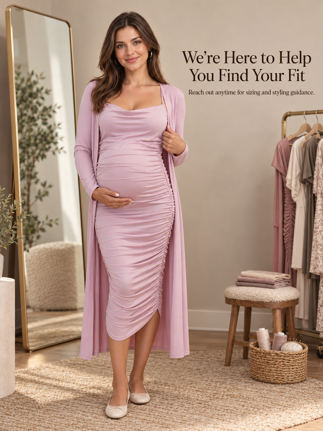Lavinia Dusty Mauve maternity dress — in a dressing area with a mirror and clothing rail
