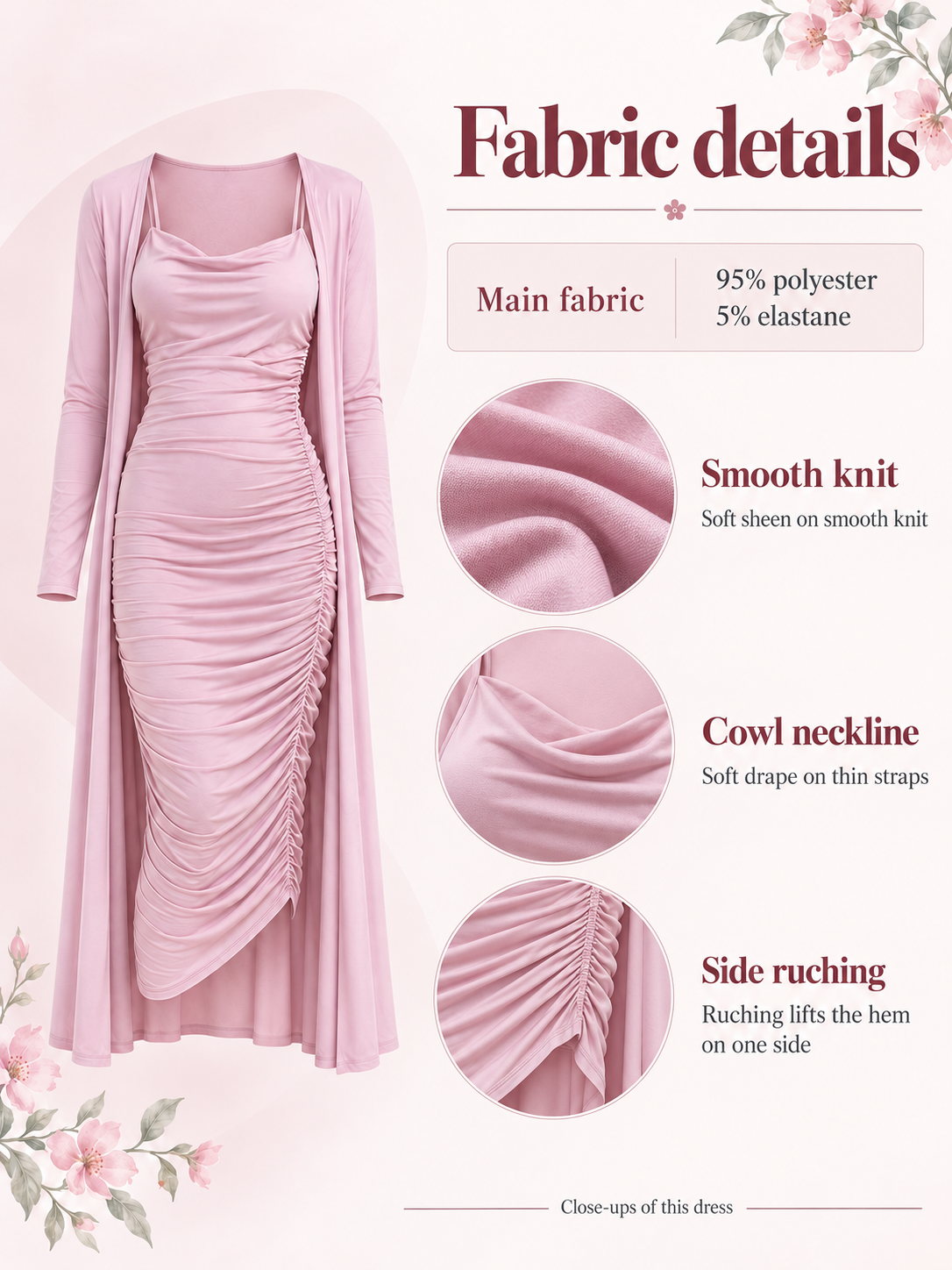 Lavinia Dusty Mauve maternity dress — material guide showing the smooth knit, side ruching and open cardigan