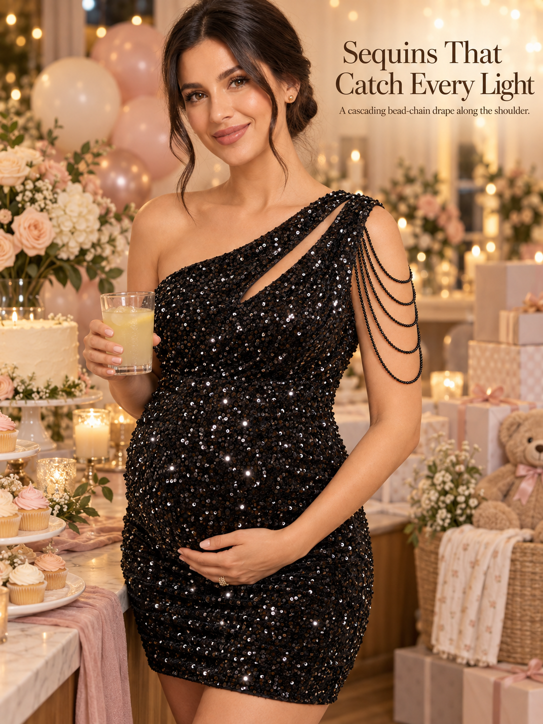Giselle Black maternity dress — sequins catching the light at a baby shower