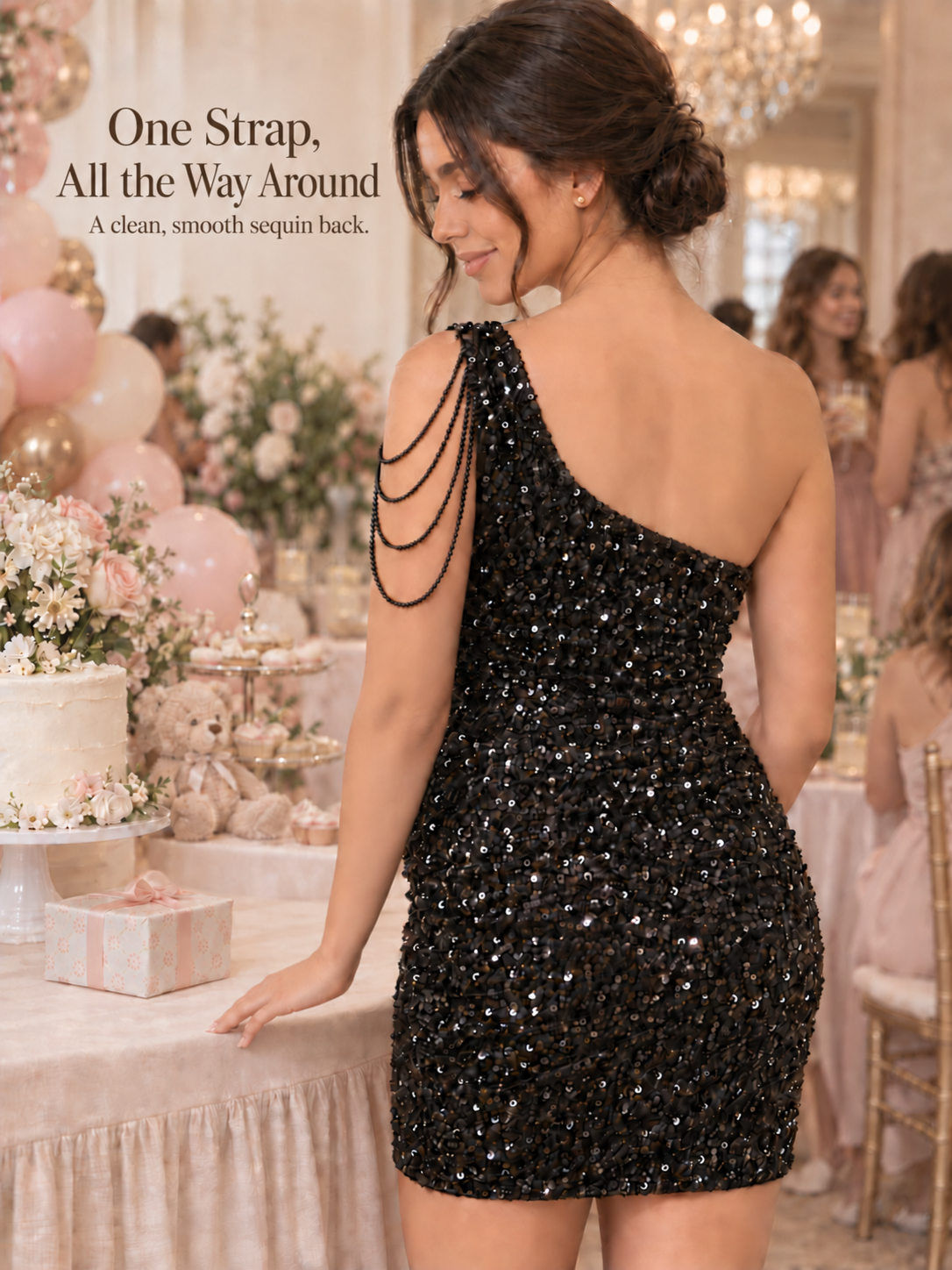 Giselle Black maternity dress — back view of the single strap and chain drape