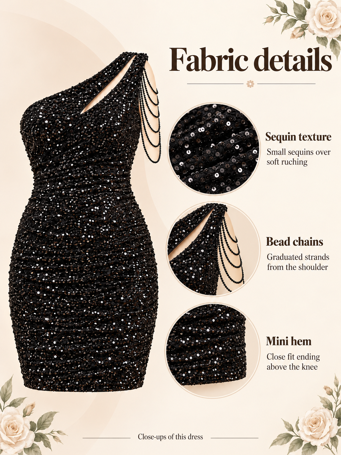 Giselle Black maternity dress — material guide showing sequins, ruching and bead chains