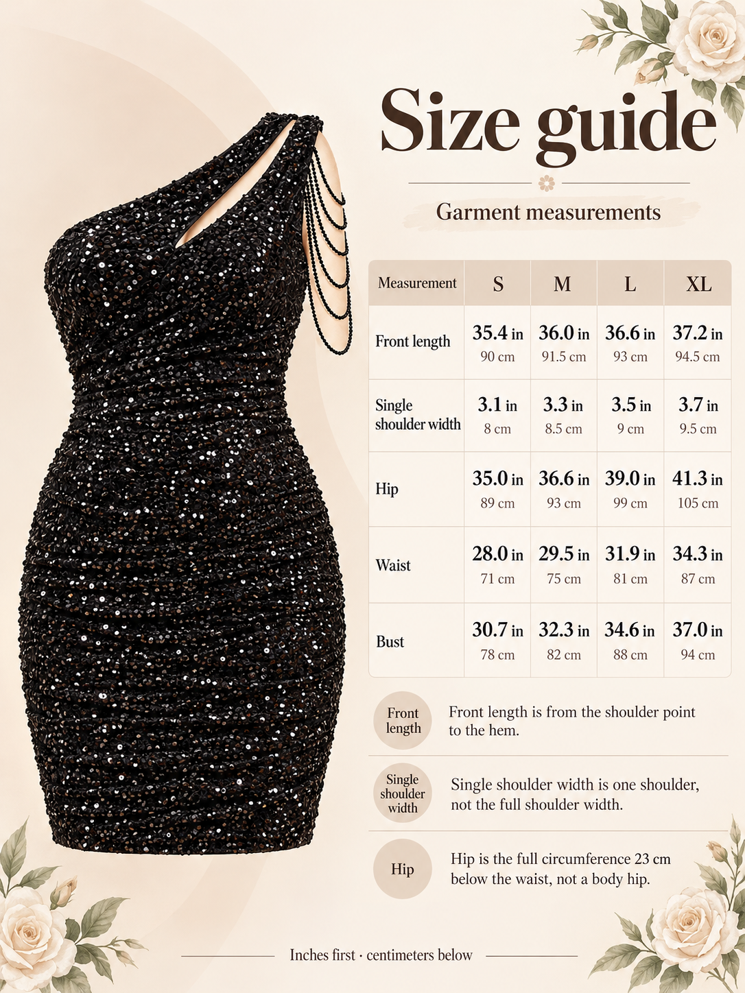 Giselle Black maternity dress — size guide with S to XL garment measurements in inches and centimeters