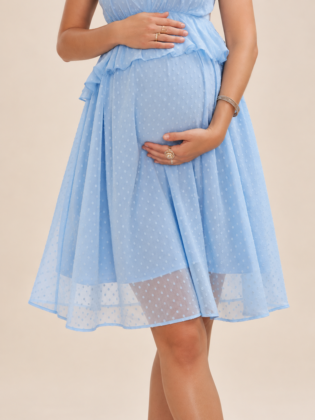 Wren Sky Blue maternity dress — sheer chiffon border at the knee-length hem