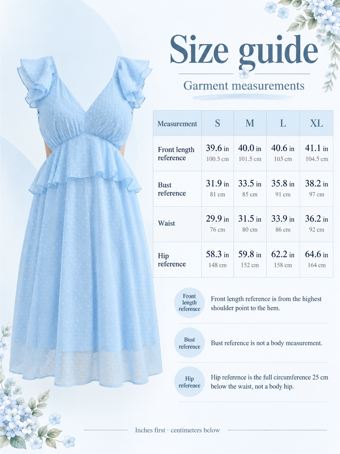 Wren Sky Blue maternity dress — size guide with S to XL garment measurements in inches and centimeters