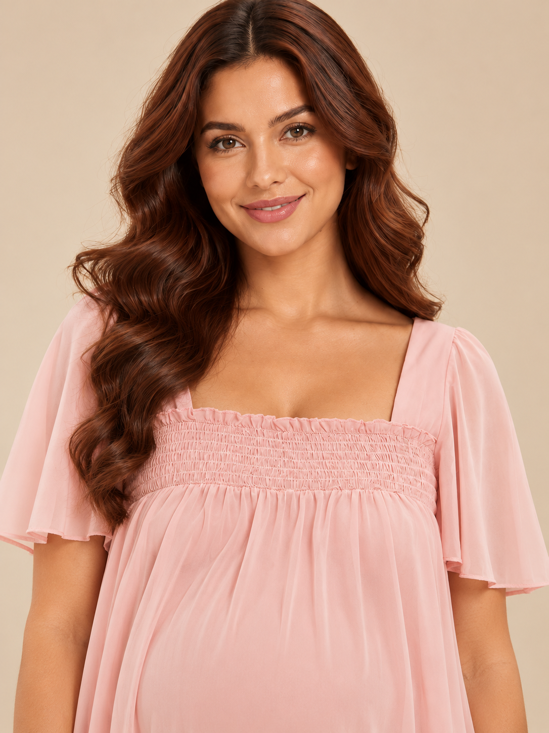Felicity Blush Pink maternity dress — square neckline with ruffle edge and smocked band up close