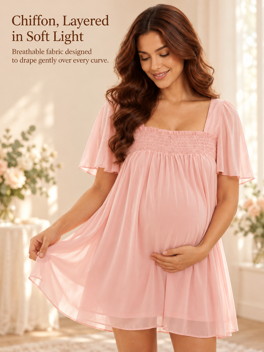 Felicity Blush Pink maternity dress — holding out the chiffon skirt in soft window light
