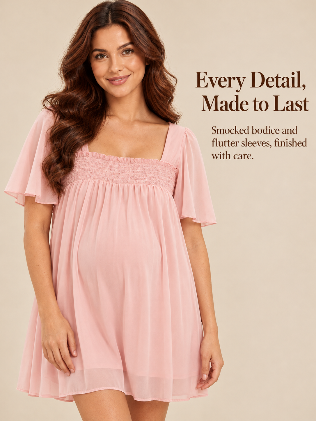 Felicity Blush Pink maternity dress — smocked band and flutter sleeves in a full front view
