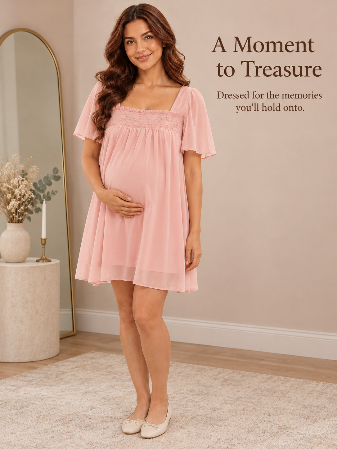 Felicity Blush Pink maternity dress — standing beside an arched mirror in a softly lit room
