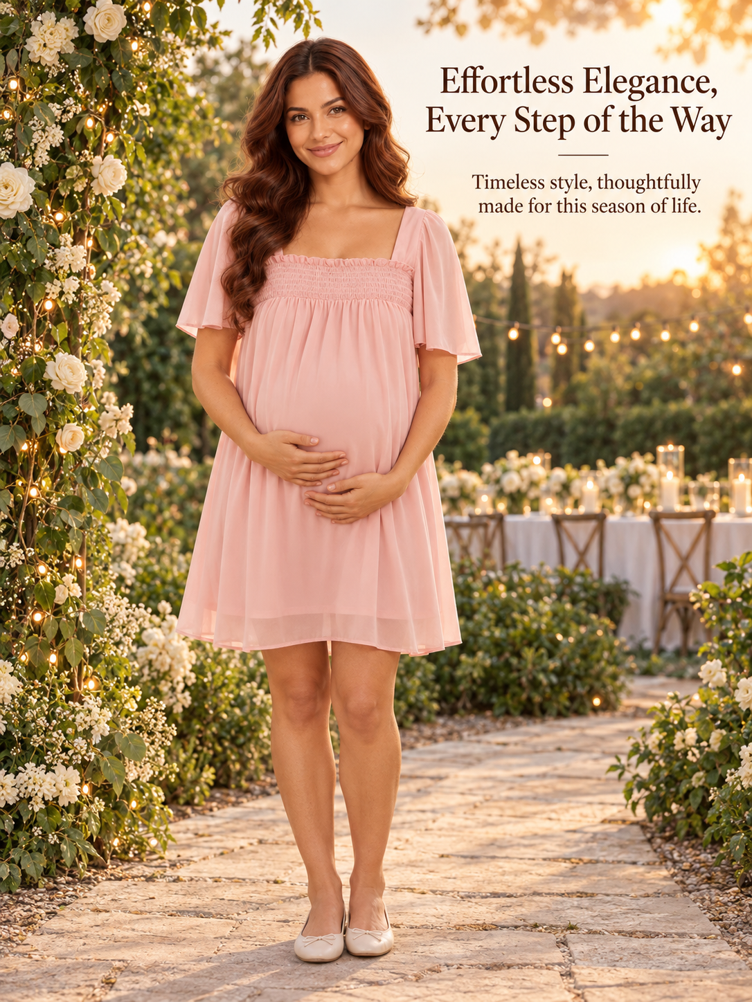 Felicity Blush Pink maternity dress — standing on a flower-lined garden path at sunset