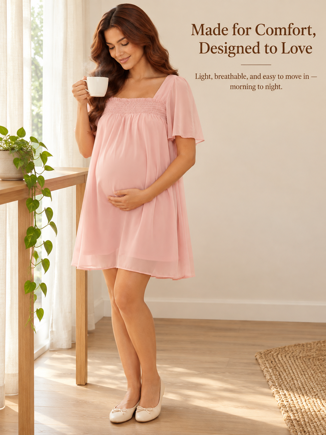Felicity Blush Pink maternity dress — holding a mug beside a sunny window