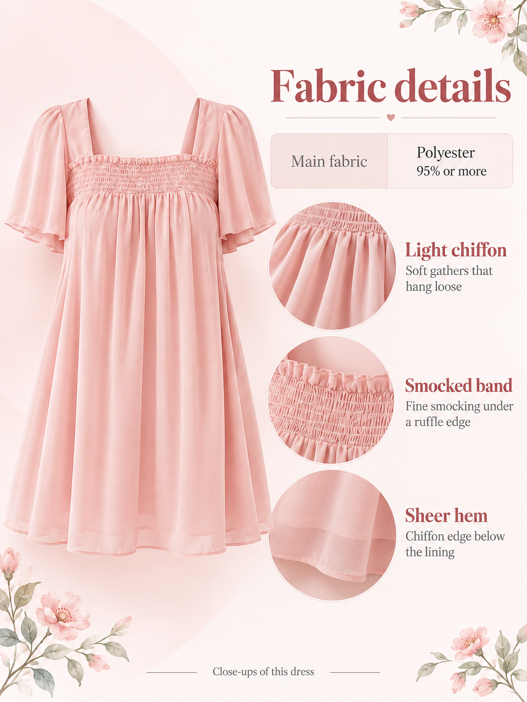 Felicity Blush Pink maternity dress — material guide showing the chiffon, smocked band and sheer hem