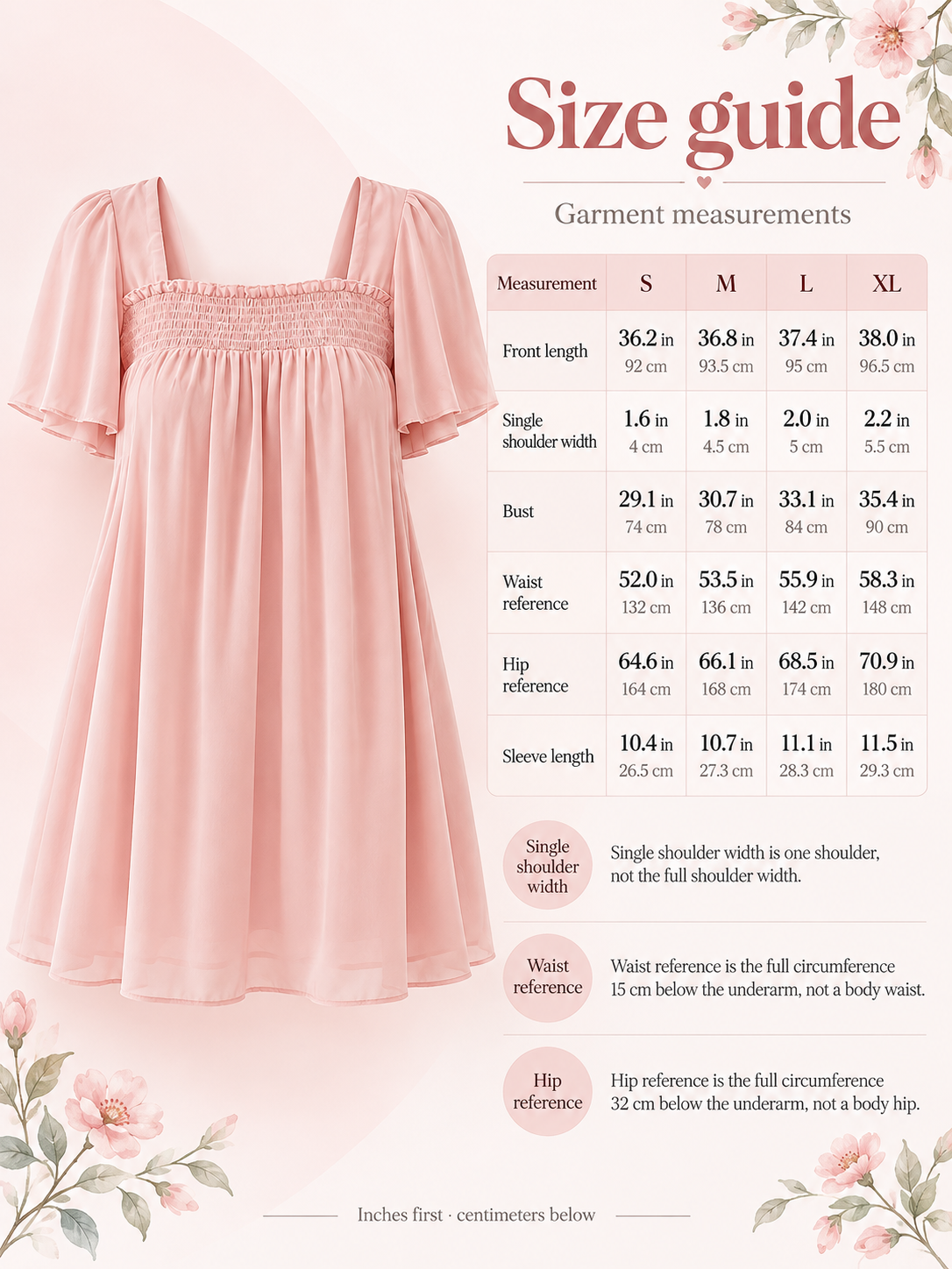 Felicity Blush Pink maternity dress — size guide with S to XL garment measurements in inches and centimeters