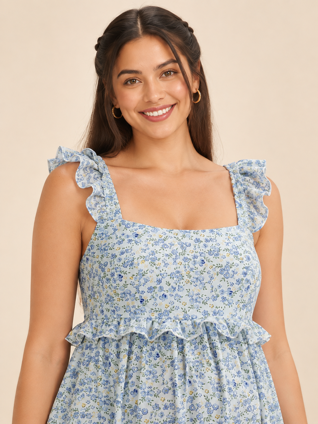 Romy Blue Floral maternity dress — square neckline, ruffled straps and waist ruffle close-up