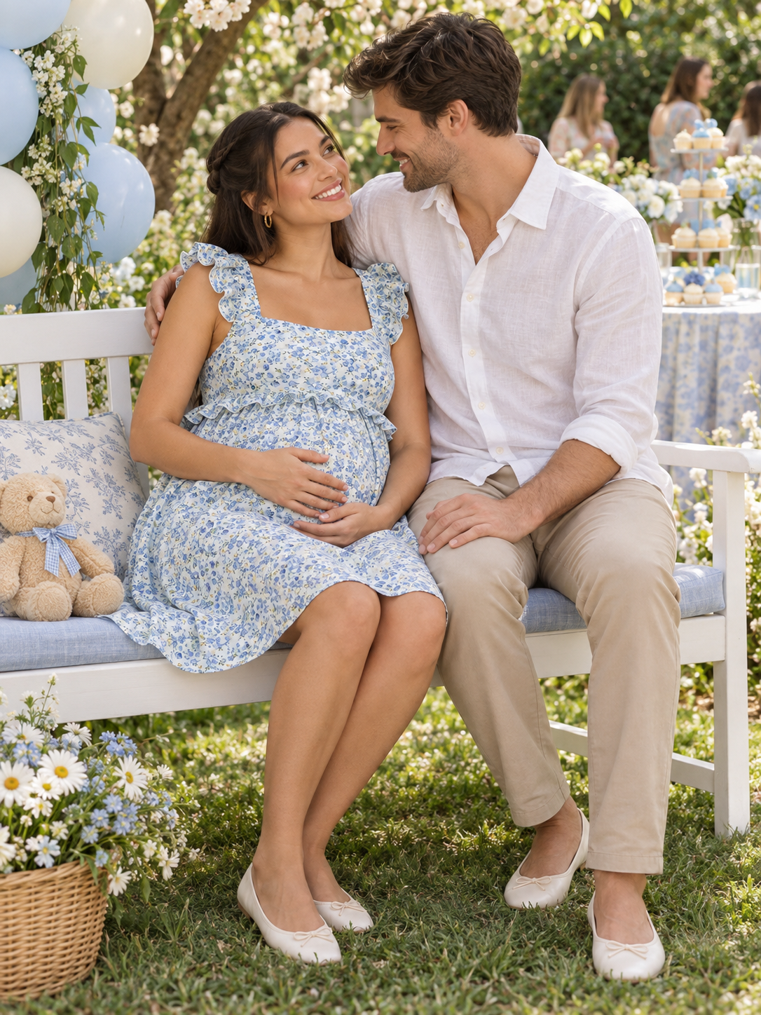 Romy Blue Floral maternity dress — maternity keepsake portrait on a garden bench with her partner