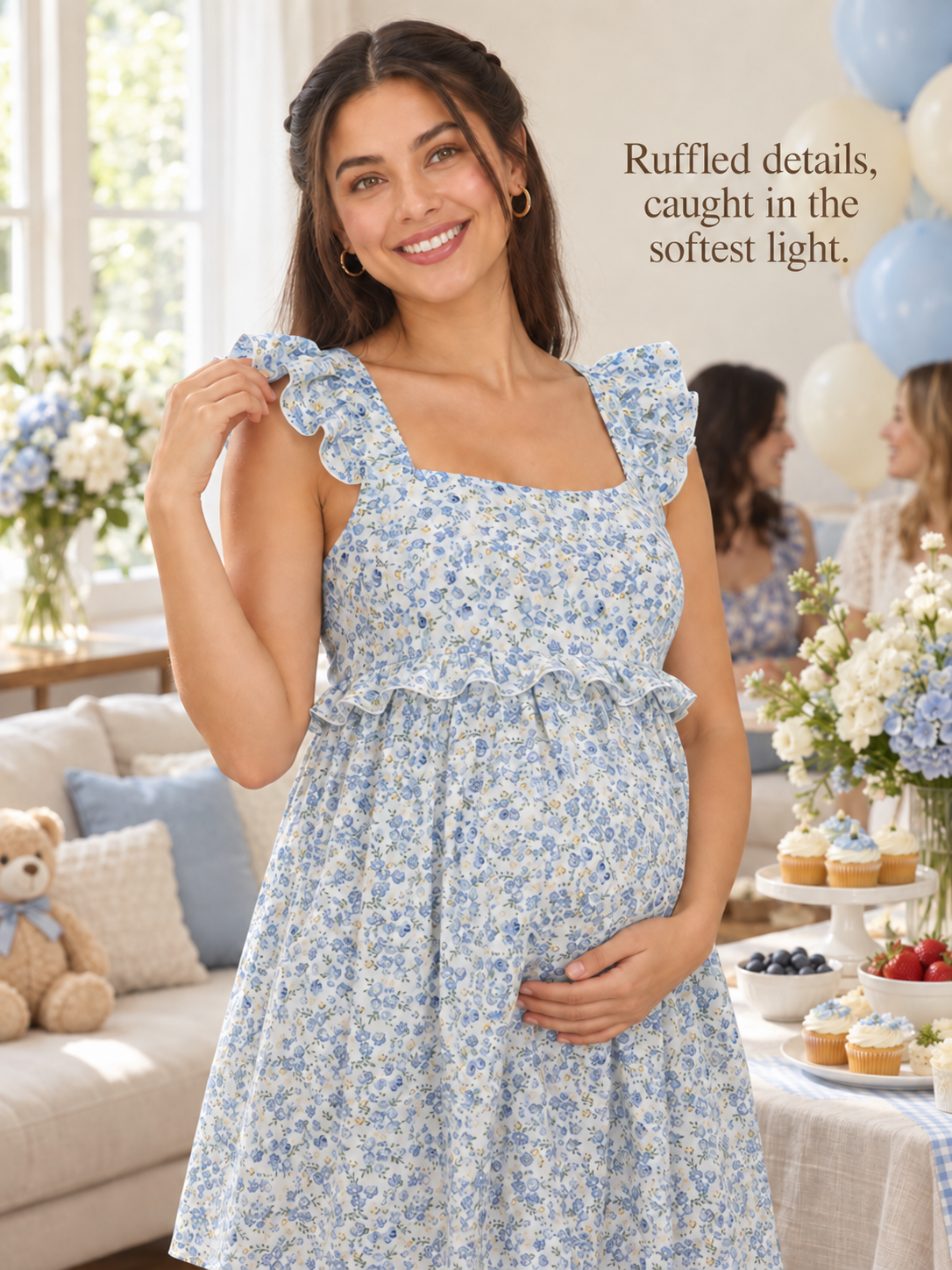 Romy Blue Floral maternity dress — ruffled straps and floral print in soft light