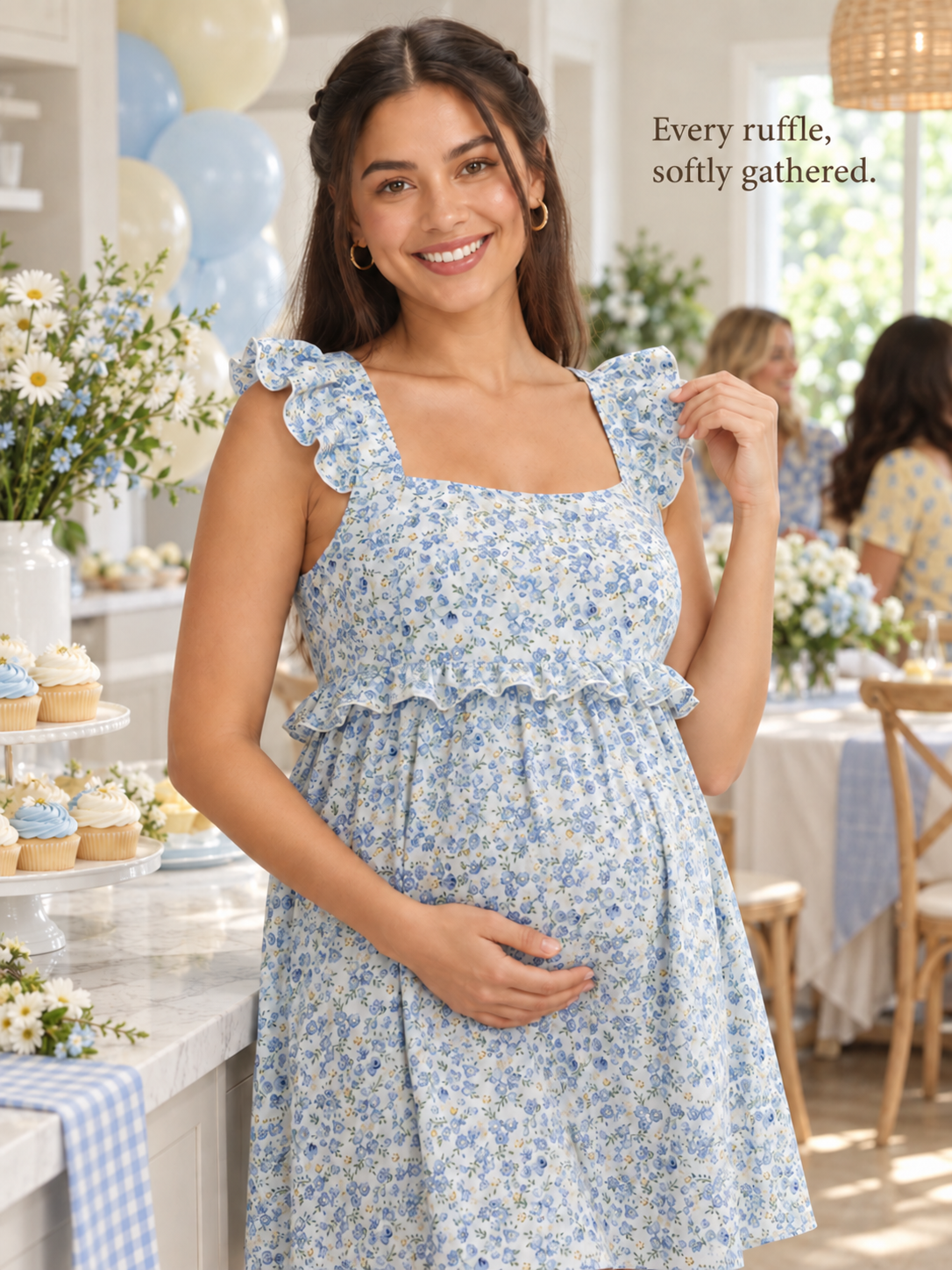 Romy Blue Floral maternity dress — ruffle trims on the straps and high waist