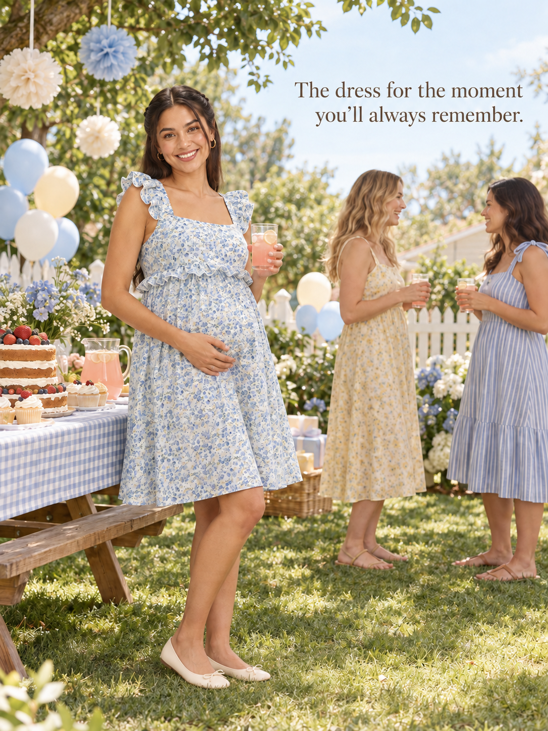 Romy Blue Floral maternity dress — garden baby shower with friends beside the dessert table