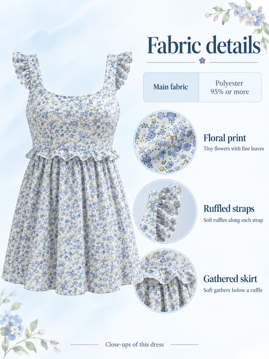 Romy Blue Floral maternity dress — material guide showing the ditsy floral print, ruffled straps and waist ruffle