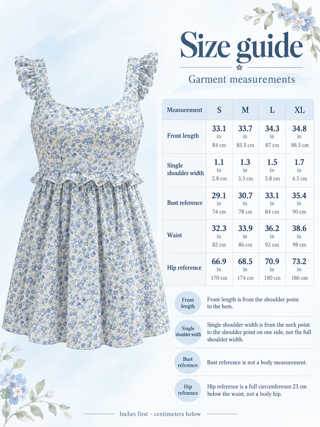 Romy Blue Floral maternity dress — size guide with S to XL garment measurements in inches and centimeters