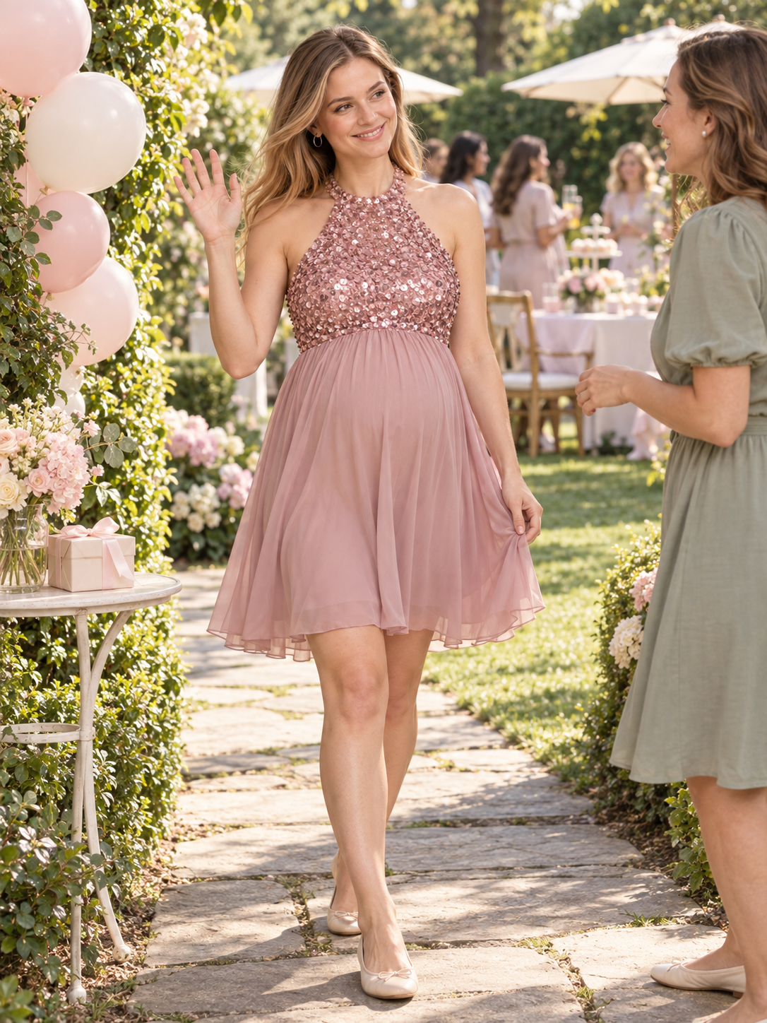 Evelina Dusty Pink maternity dress — waving to a friend while arriving at a garden party
