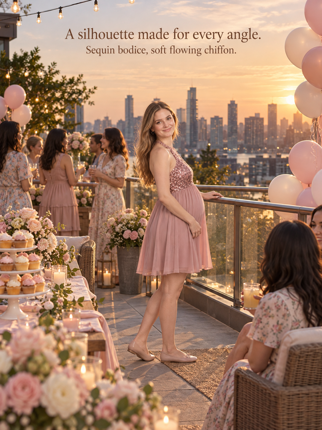 Evelina Dusty Pink maternity dress — on a rooftop terrace at sunset with friends behind her