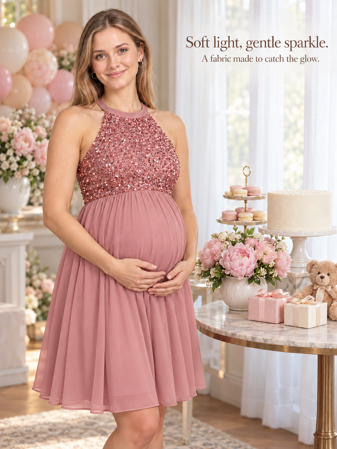 Evelina Dusty Pink maternity dress — standing beside a dessert table in soft window light