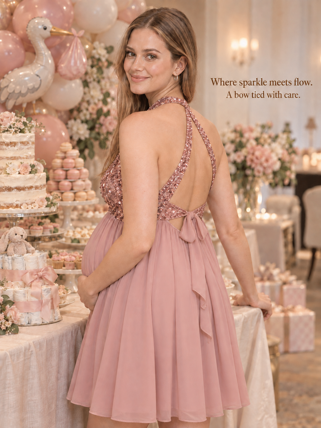 Evelina Dusty Pink maternity dress — looking back by the cake table to show the bow