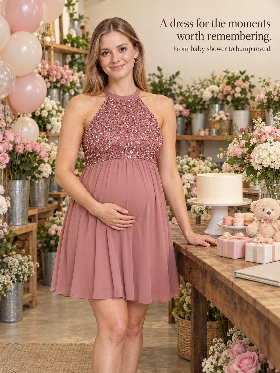 Evelina Dusty Pink maternity dress — leaning on a wooden table set for a baby shower