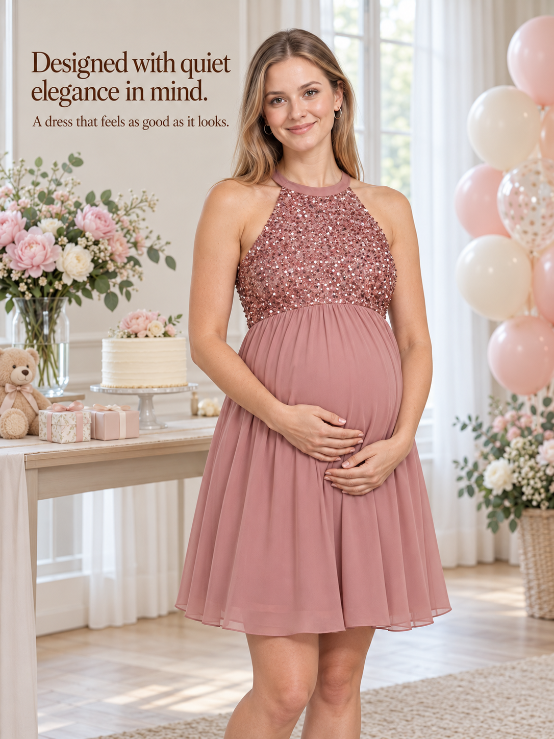 Evelina Dusty Pink maternity dress — standing by a cake table with balloons and flowers