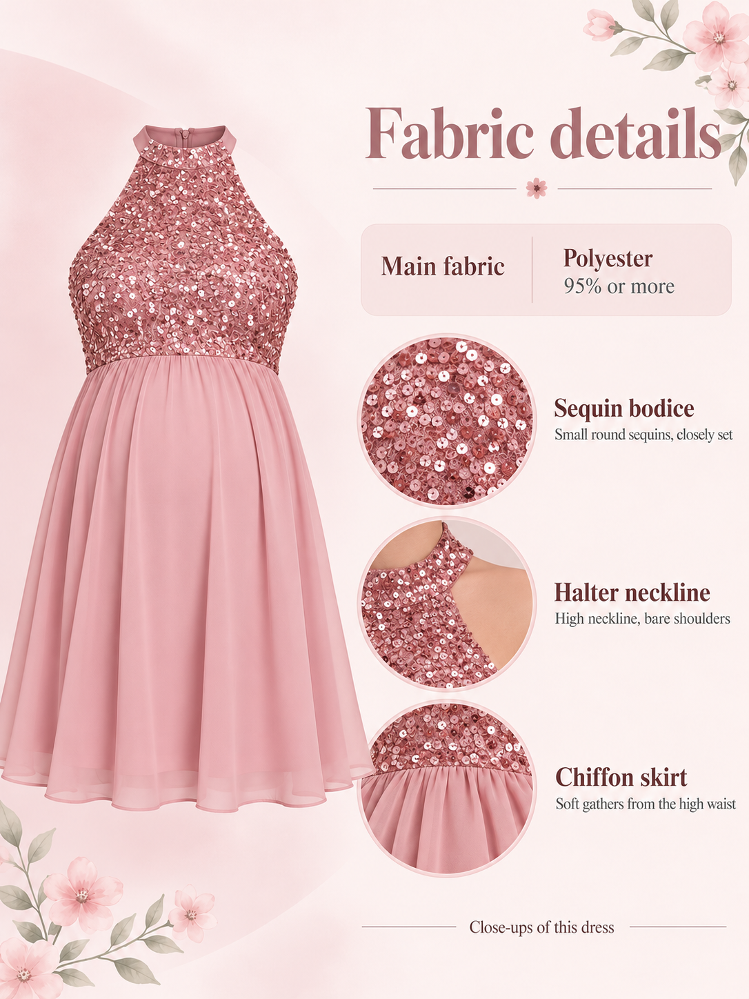 Evelina Dusty Pink maternity dress — material guide showing the sequins, halter neckline and chiffon skirt