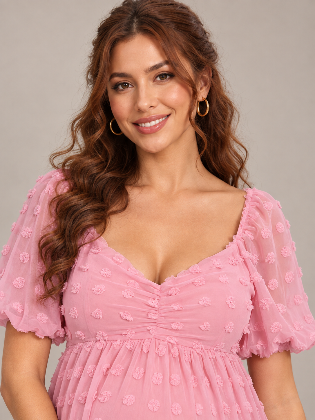 Posy Rose Pink maternity dress — V neckline, ruffle trim and ruched bodice close-up