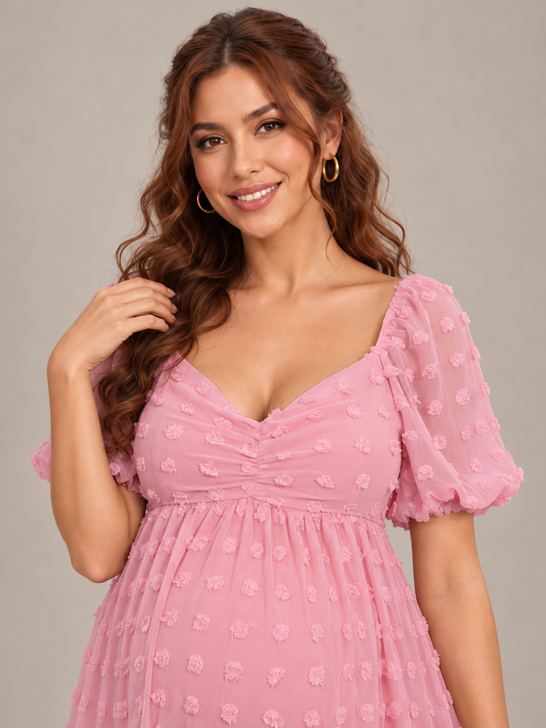 Posy Rose Pink maternity dress — puff sleeve with ruffled cuff detail