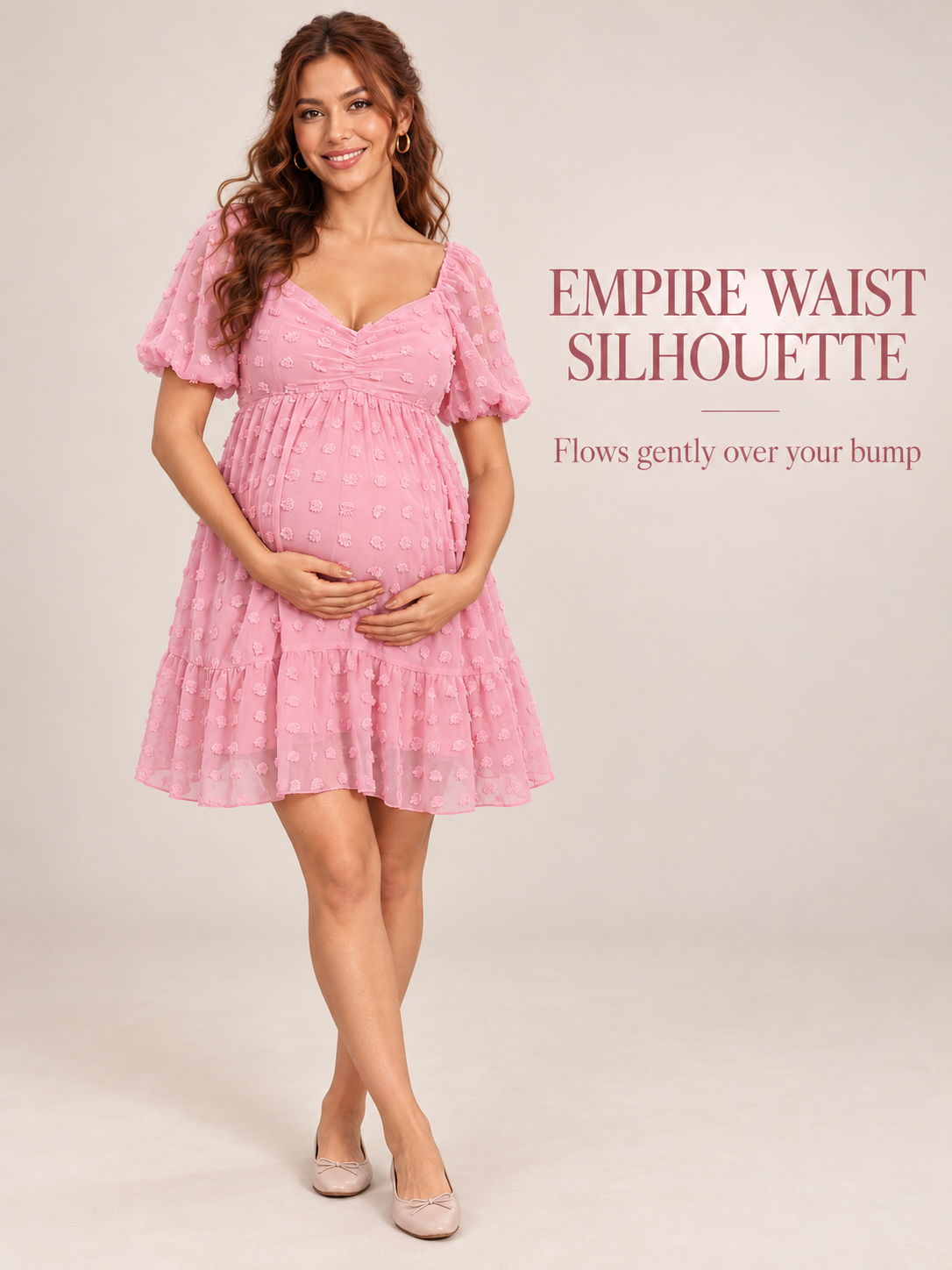 Posy Rose Pink maternity dress — full silhouette showing the empire waist