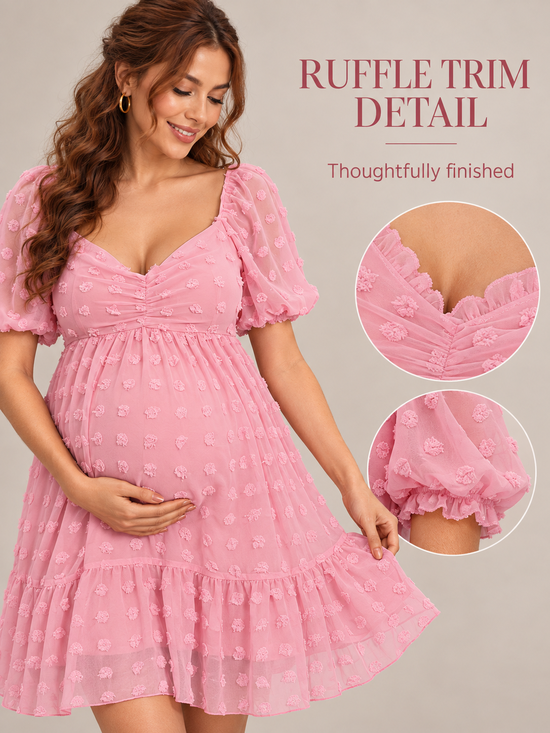 Posy Rose Pink maternity dress — ruffle trim at the neckline and sleeve cuff