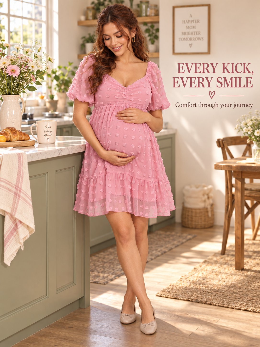 Posy Rose Pink maternity dress — relaxed moment in a sunny kitchen