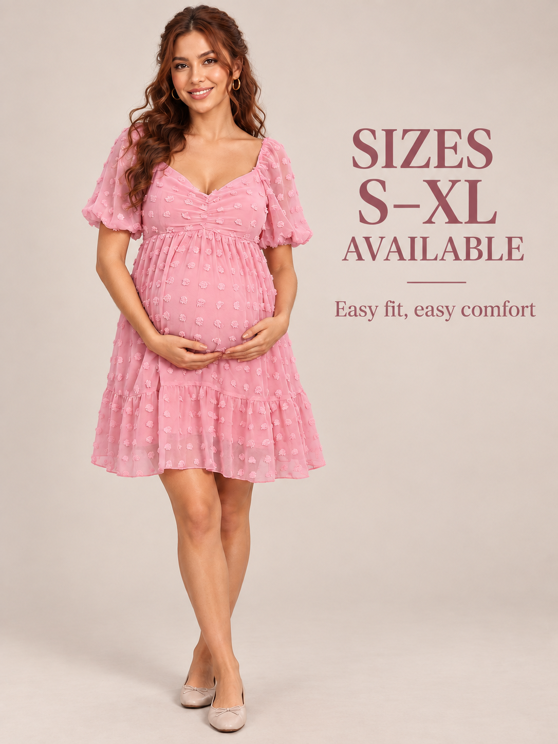 Posy Rose Pink maternity dress — studio view noting the S to XL size range