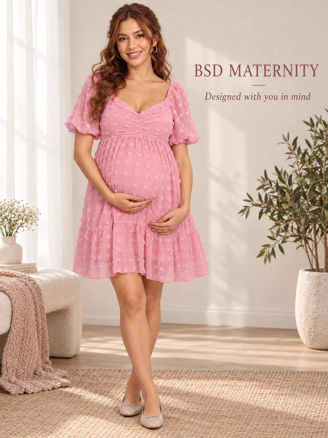 Posy Rose Pink maternity dress — full-length studio portrait with soft styling