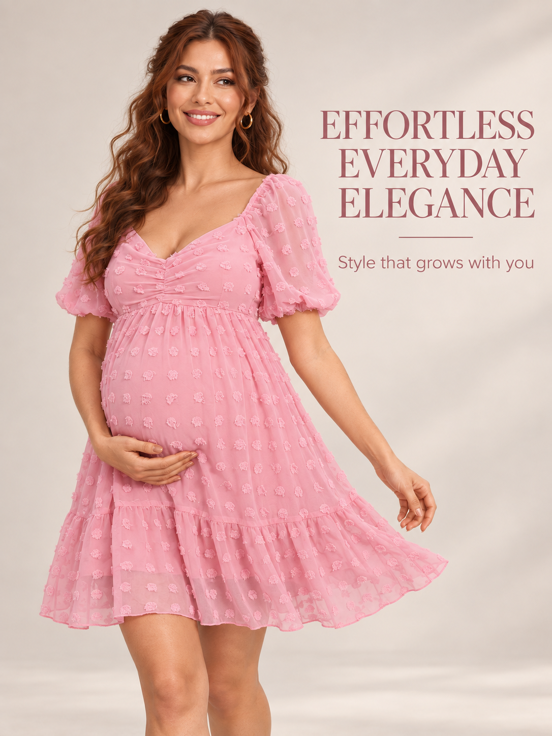 Posy Rose Pink maternity dress — swishing the ruffled skirt in the studio