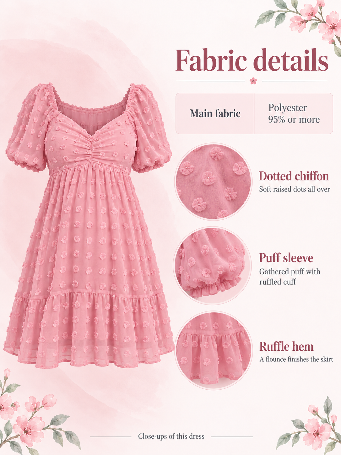 Posy Rose Pink maternity dress — material guide showing the dotted chiffon, puff sleeves and ruffle hem