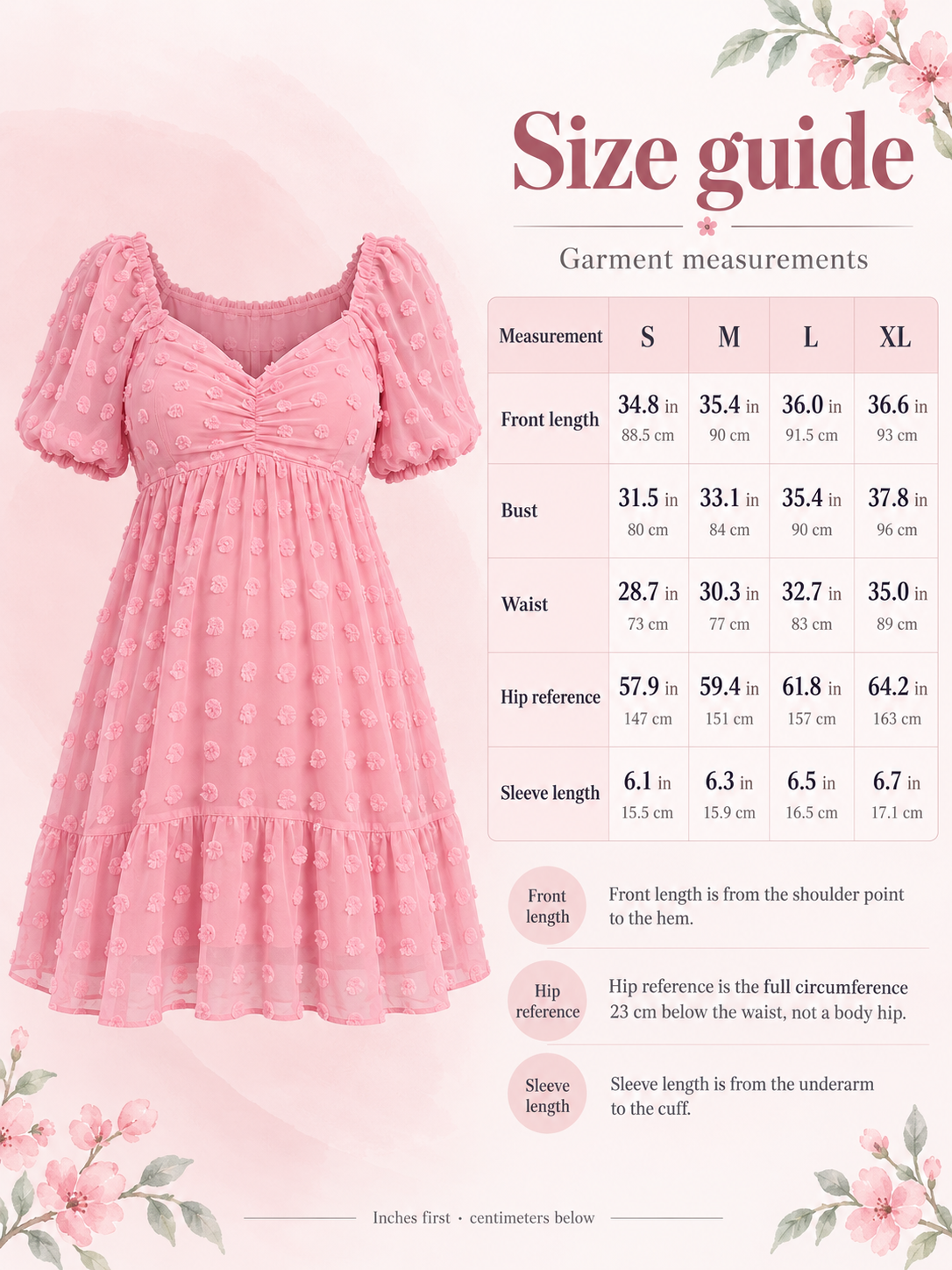 Posy Rose Pink maternity dress — size guide with S to XL garment measurements in inches and centimeters