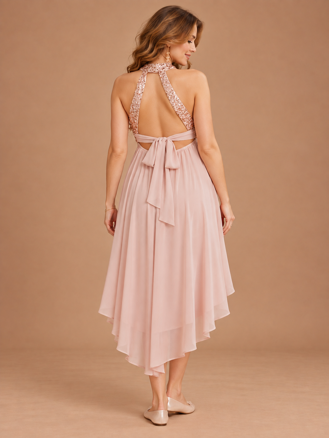 Evelina Light Pink maternity dress — back view showing the sequin straps, open back and bow